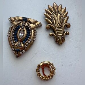 Vtg Lot Of 3 Dress Clip Fur Clip Art Deco Marquise Cut Blue And Gold